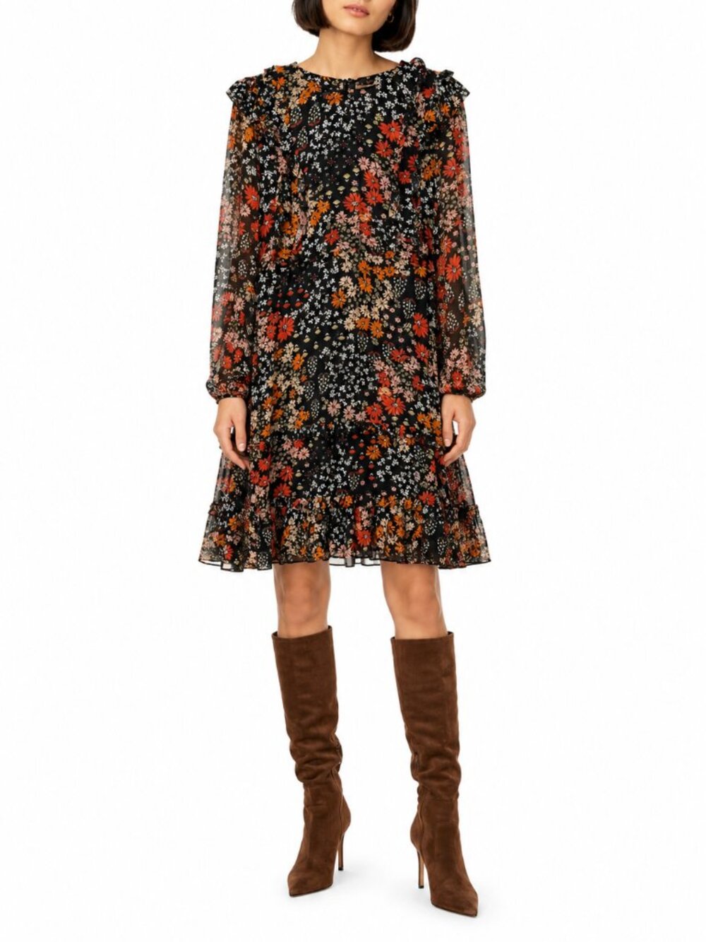 Anthropologie Kachel Floral Ruffle Dress Long Sleeve Size 8